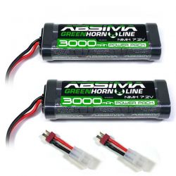 Absima lot de deux batteries Ni-Mh 7,2V 3000mAh prise Dean + adaptateurTamiya