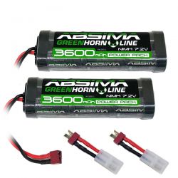Absima lot de deux batteries Ni-Mh 7,2V 3600mAh prise Dean + adaptateurTamiya