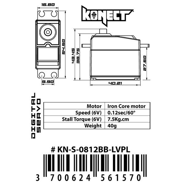 Servo Konect Digital 7.5kg 0.12s roulements pignons plastique